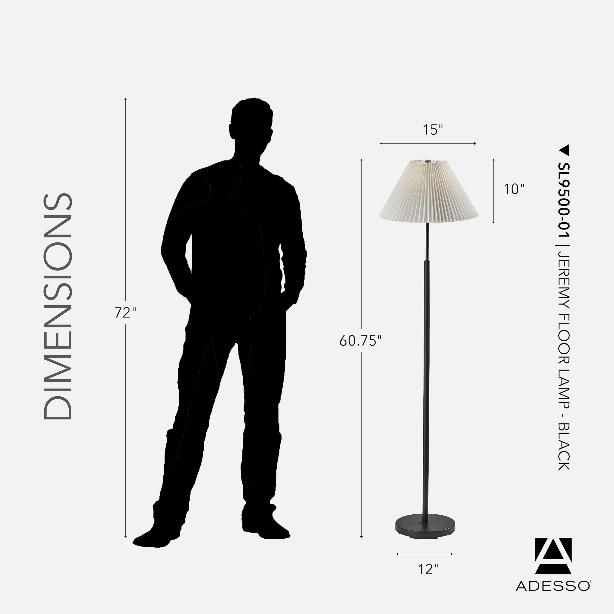 Adesso Black Floor Lamp with White Pleated Lampshade – Modern